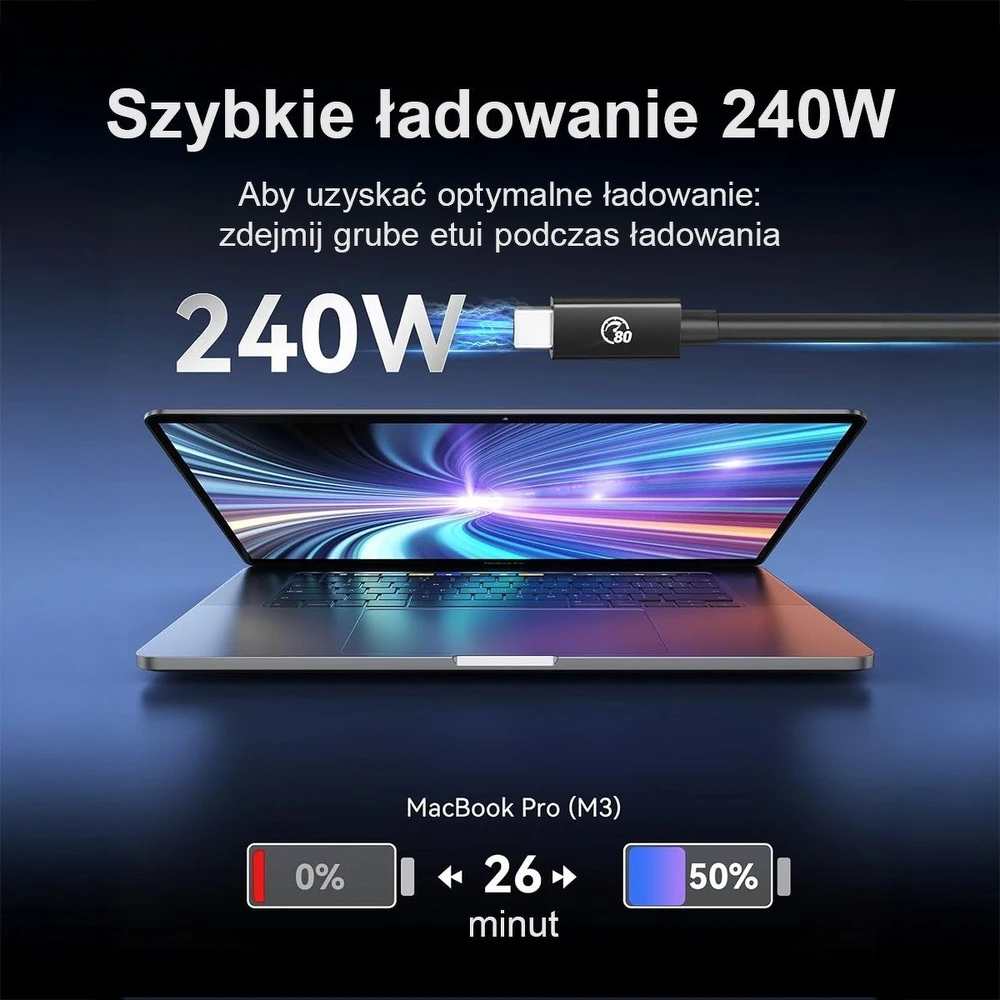 Orico Thunderbolt 5 USB-C kabelis 80Gbps, 240W, 8K@60Hz, 1.5m, juodas