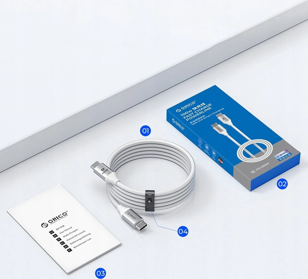 Orico CDX 100W 5A maitinimo šaltinis USB-C – USB-C 1m kabelis – baltos spalvos
