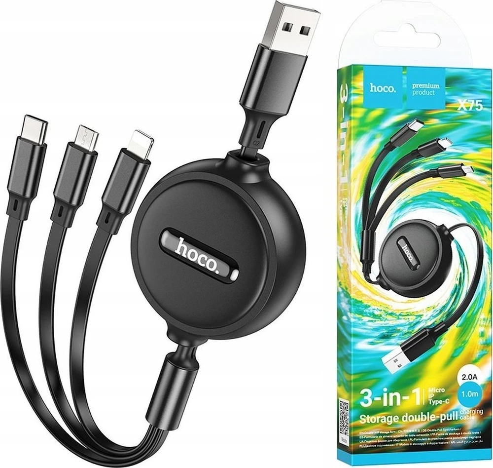 Laidas 3in1 USB A į Lightning / Micro USB / USB C Hoco 2A 1 m X75 juodas