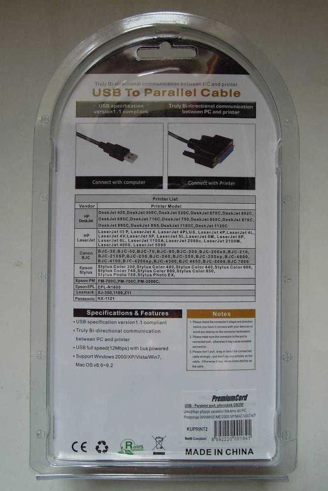 Kabelis USB PremiumCord USB-A - DB-25 1 m Juodas (kuprint2)
