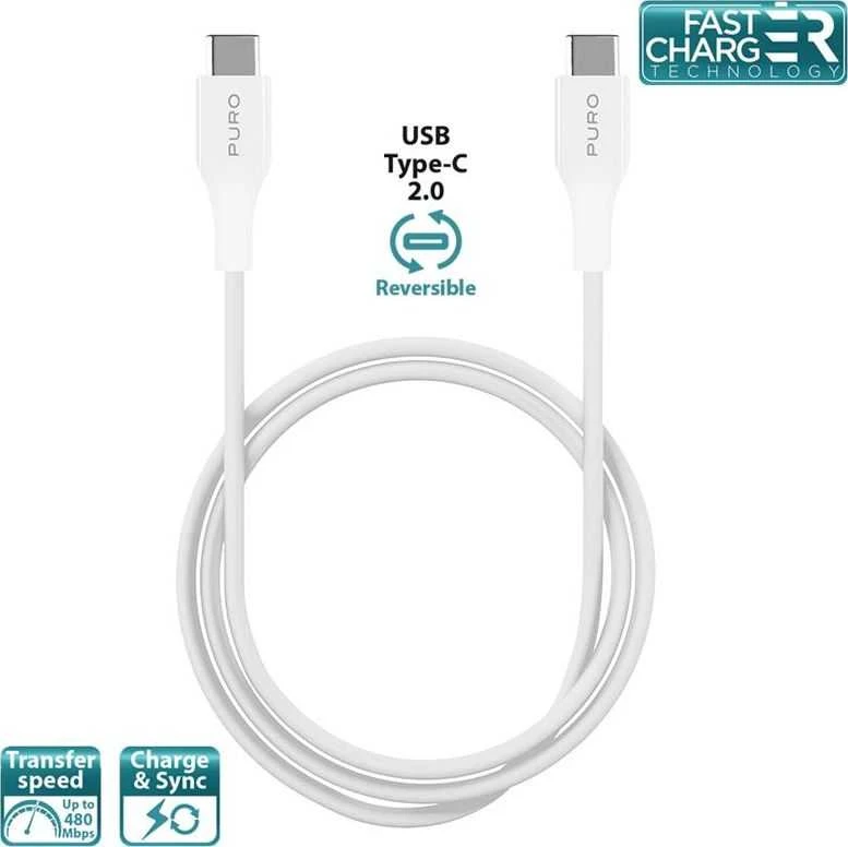 Puro Elektrik Puro Plain USB-C – USB-C 2A 1m kabelis – baltas