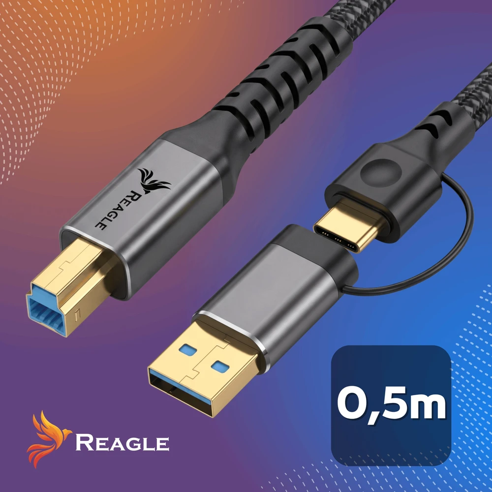 USB laidas Reagle USB laidas spausdintuvui, skaitytuvui, diskams 2 viename USB-A - USB-B HP CANON USB-C 3.0 50 cm REAGLE