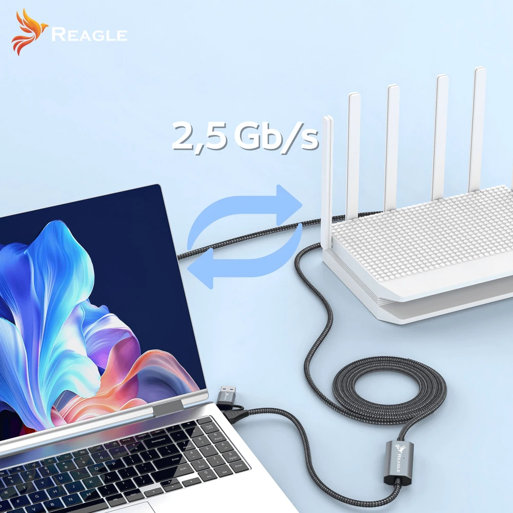 Kabelis USB Reagle USB-A + USB-C - RJ-45 2 m Juodai-pilka