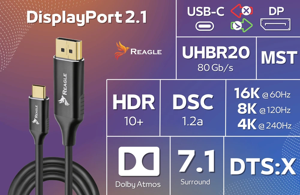 Kabelis USB Reagle USB-C - DisplayPort 2 m Juodai-pilka