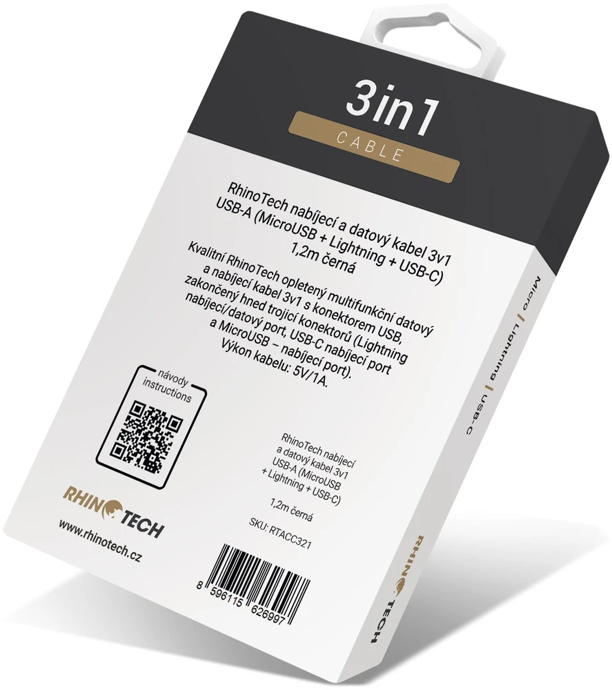 RhinoTech įkrovimo ir duomenų kabelis 3 viename USB-A (MicroUSB + Lightning + USB-C) 1,2 m juodas