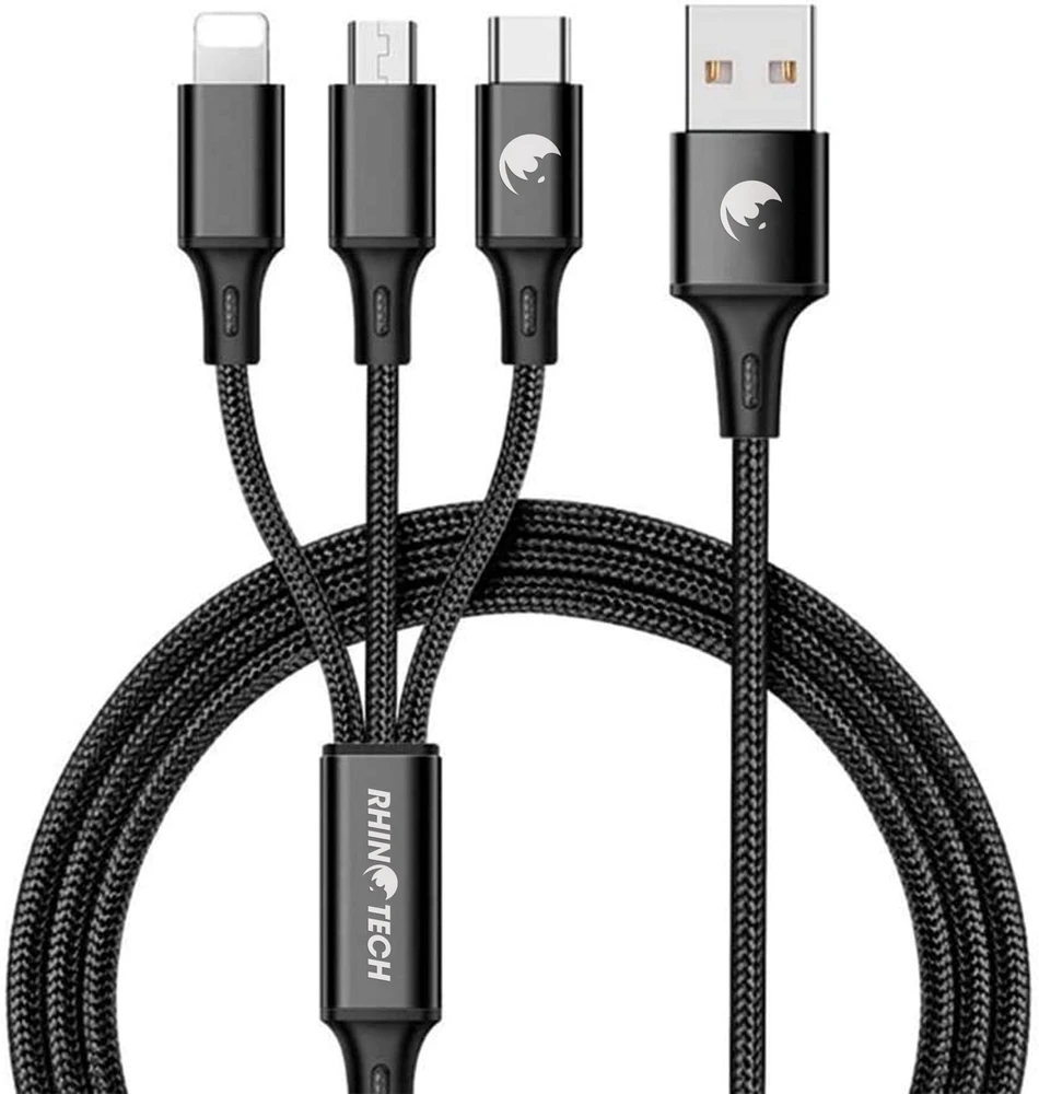 RhinoTech įkrovimo ir duomenų kabelis 3 viename USB-A (MicroUSB + Lightning + USB-C) 1,2 m juodas