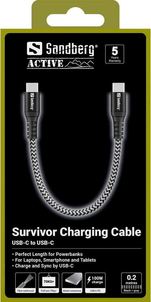 Sandberg USB-C laidas 0,2 m, 100 W