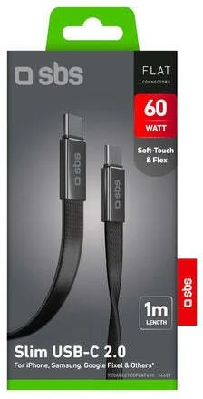 Kabelis SBS USB-C/USB-C, 60 W, 1 m, plokščiasis jungtis, juodas