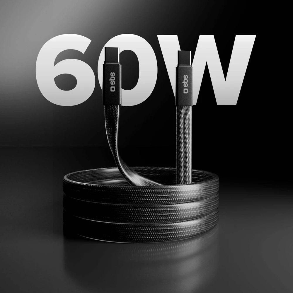 Kabelis SBS USB-C/USB-C, 60 W, 1 m, plokščiasis jungtis, juodas