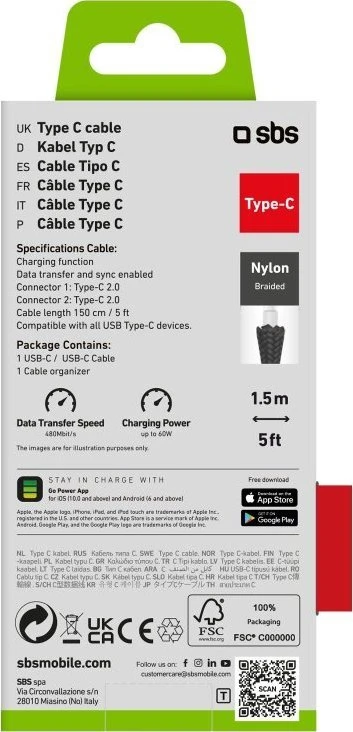 SBS TECABLETISSUETCK USB-C – USB-C 1.5m 60W pintas kabelis – juodos spalvos