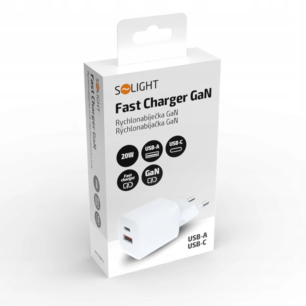 „Solight“ USB-C + USB-A greitasis įkroviklis GaN 20W PD