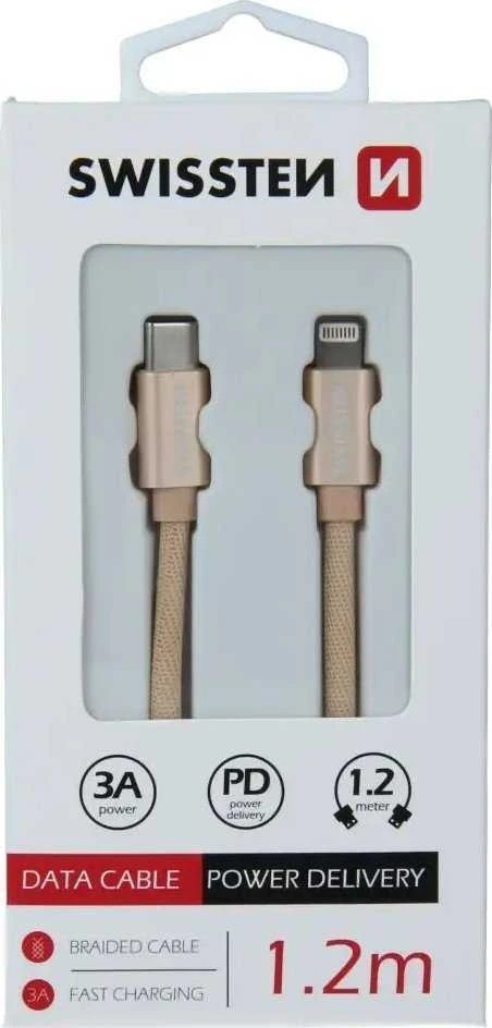 „Swissten Textile“ universalus greitas įkrovimas 3.1 USB-C su „Lightning Data“ ir 1,2 m įkrovimo laidas