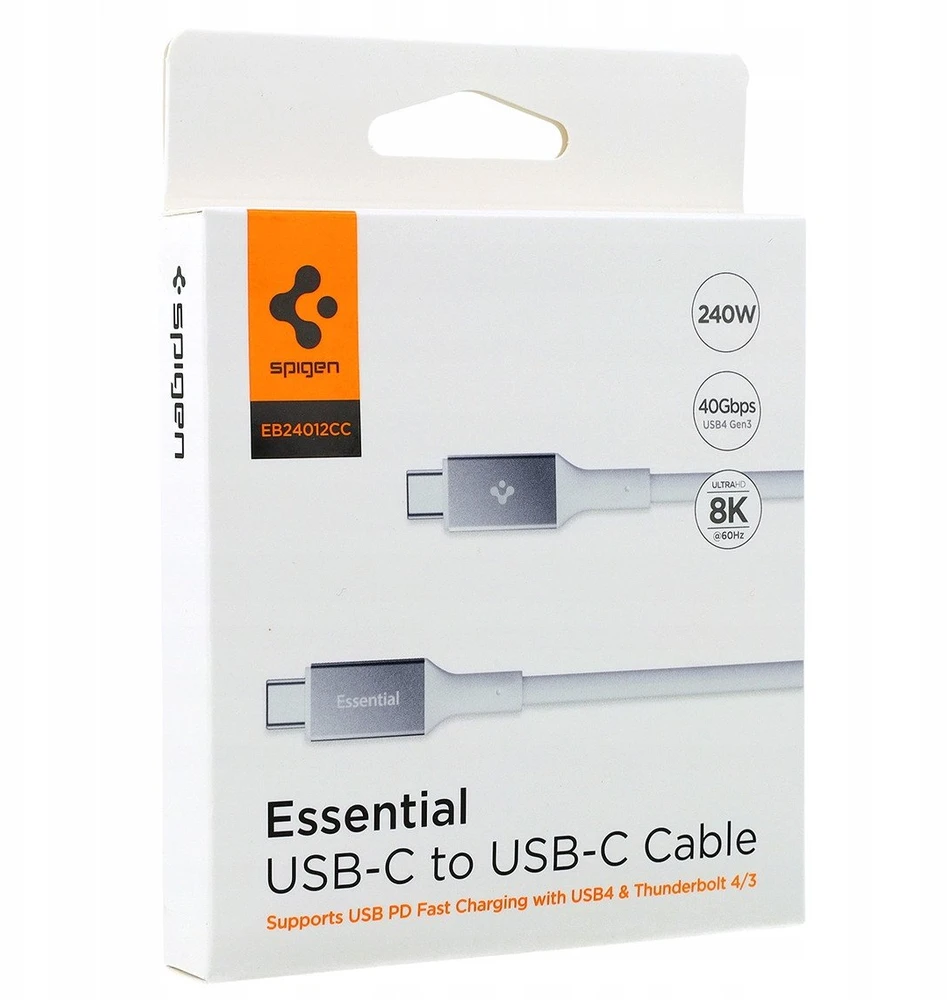 Spigen „Essential“ USB C–USB C 240 W laidas, baltas EB24012CC
