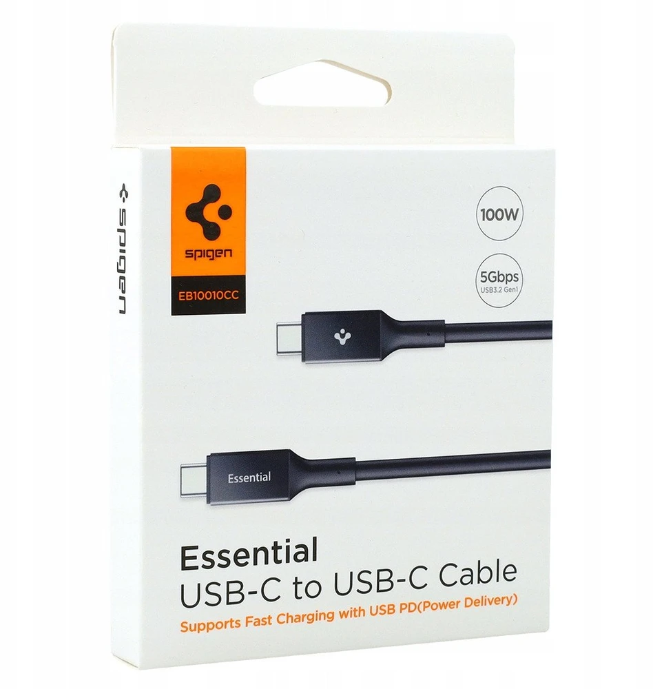 Spigen „Essential“ USB C–USB C 100 W laidas, juodas EB10010CC