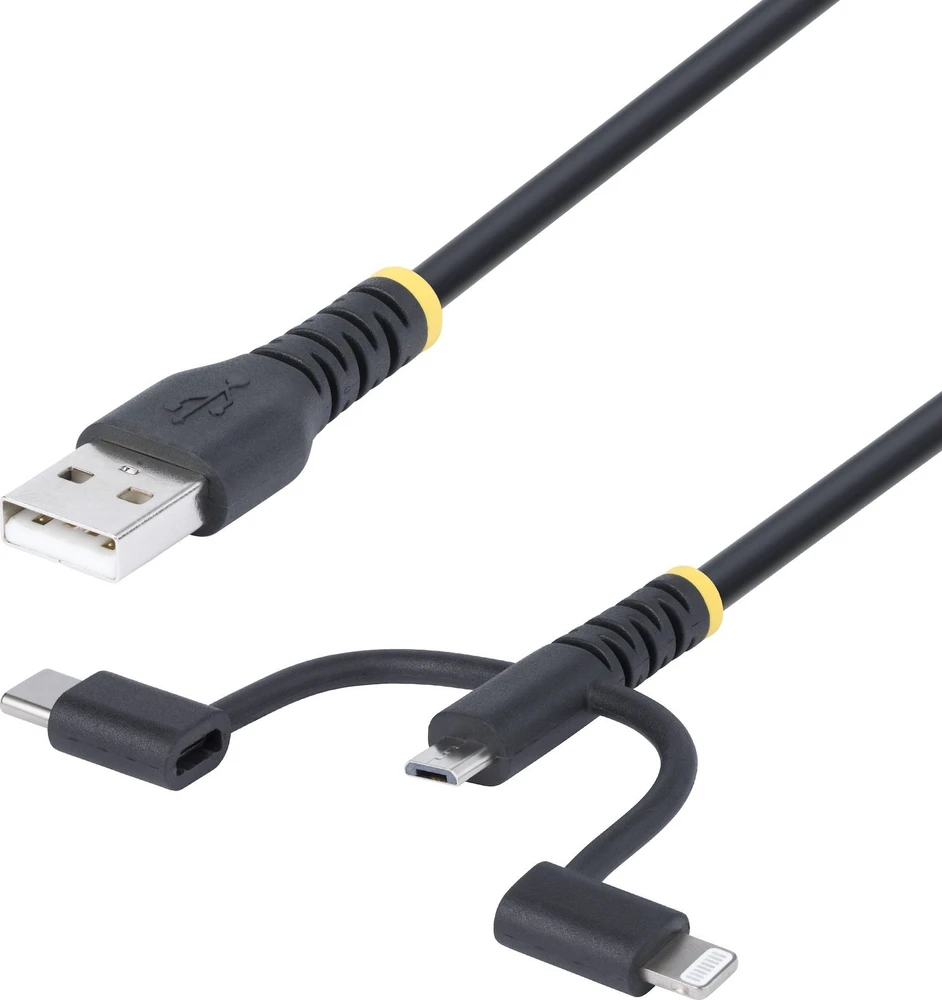USB kabelis StarTech USB-A - USB-C + microUSB + Lightning 1 m juodas (RLTCUB1MBK)