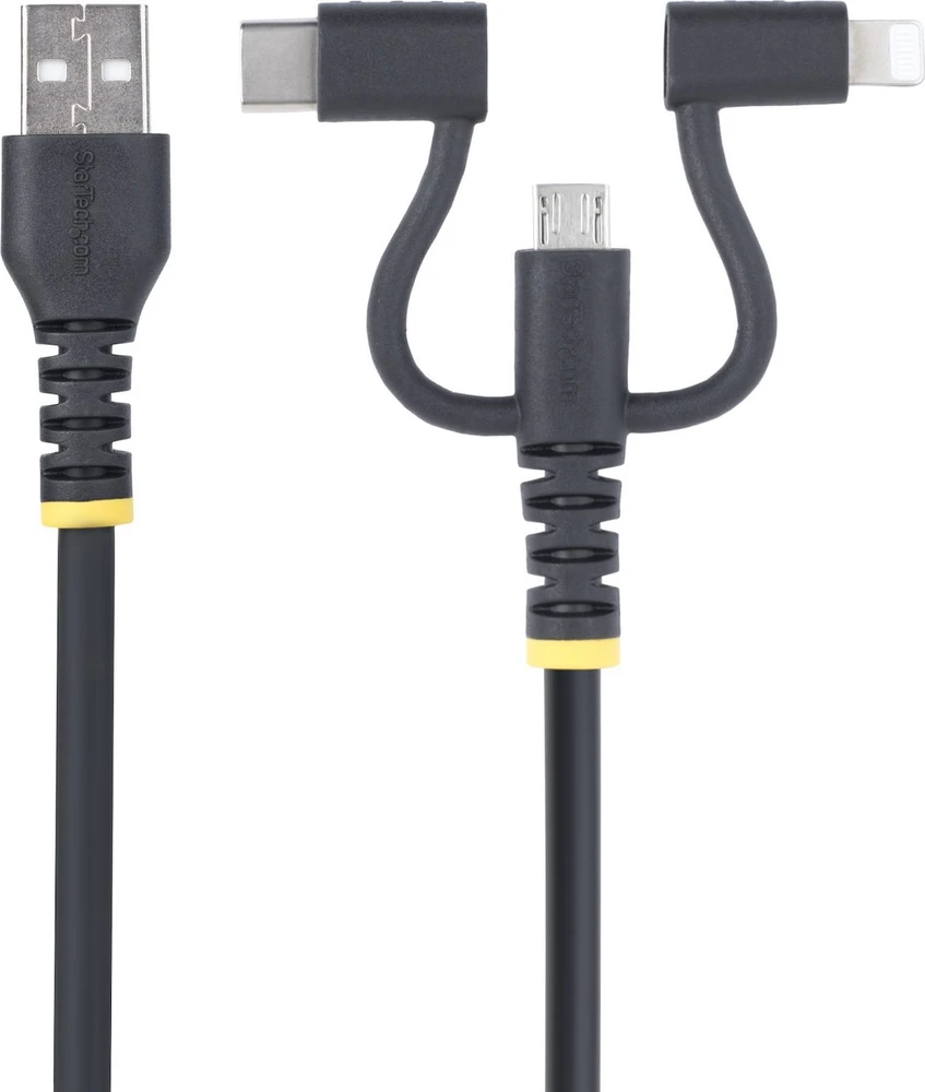 USB kabelis StarTech USB-A - USB-C + microUSB + Lightning 1 m juodas (RLTCUB1MBK)