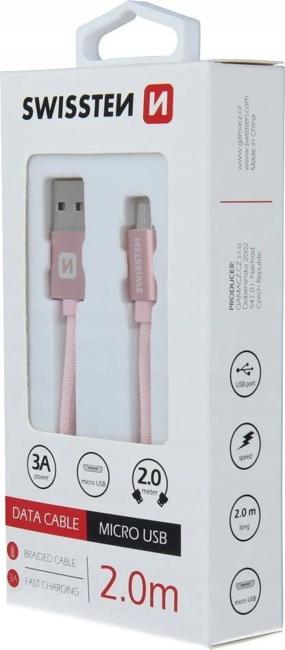Swissten tekstylny USB - mikro USB 2.0m rožinė-auksinė