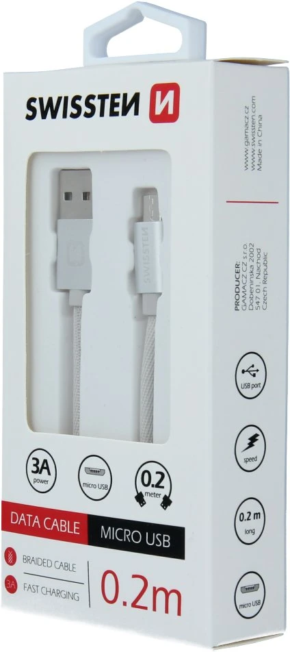 „Swissten Textile“ greito įkrovimo universalus „Micro USB“ duomenų ir įkrovimo laidas, 0,2 m