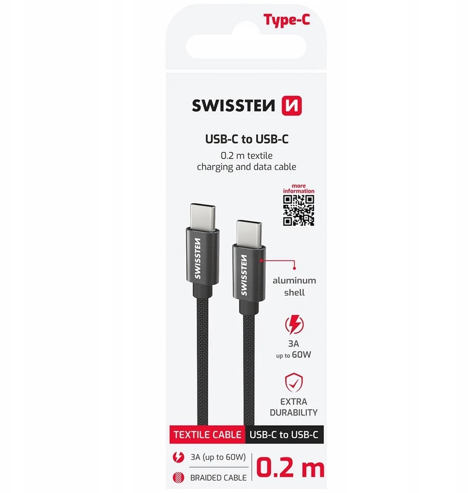 USB kabelis Swissten Swissten Textile Universal Quick Charge 3.1 USB-C / USB-C duomenų ir įkrovimo kabelis 0.2m juodas