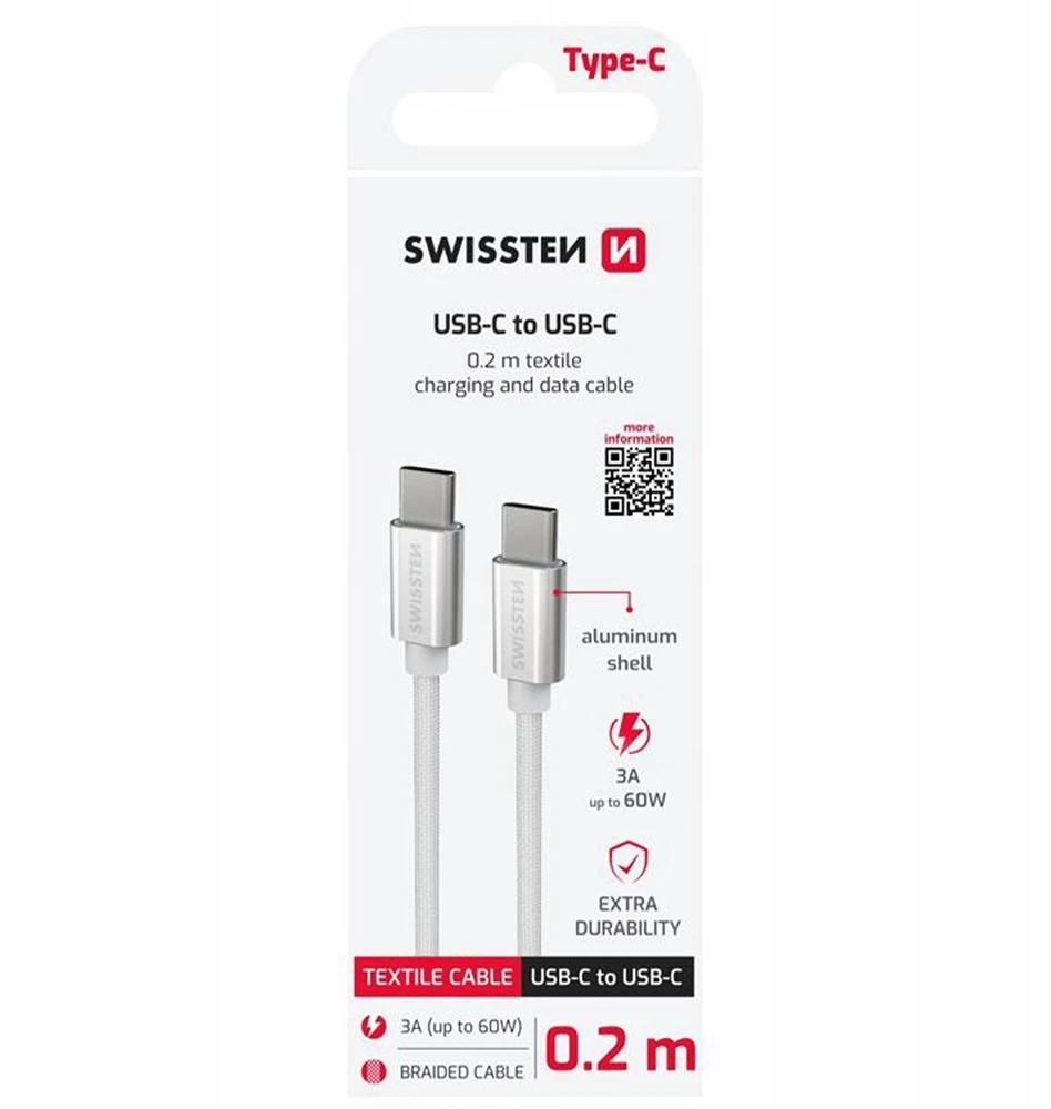USB kabelis Swissten Swissten Textile Universal Quick Charge 3.1 USB-C / USB-C duomenų ir įkrovimo kabelis 0.2m sidabrinis