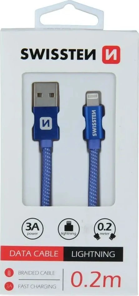 Swissten Textile Fast Charge 3A Lightning Data ir įkrovimo kabelis 20 cm
