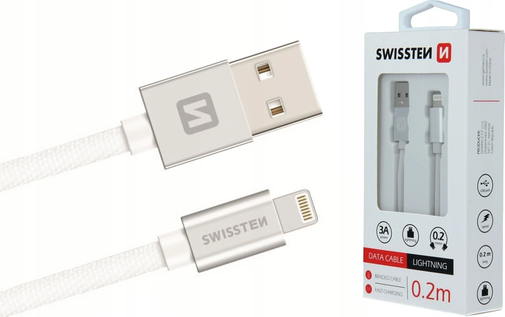 Swissten Textile Fast Charge 3A Lightning Data ir įkrovimo kabelis 20 cm