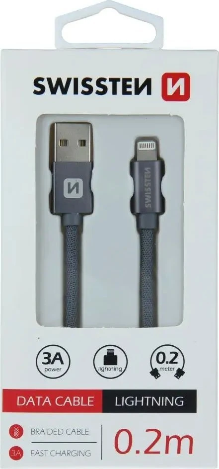 Swissten Textile Fast Charge 3A Lightning Data ir įkrovimo kabelis 20 cm