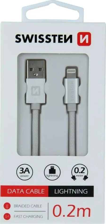 Swissten Textile Fast Charge 3A Lightning Data ir įkrovimo kabelis 20 cm