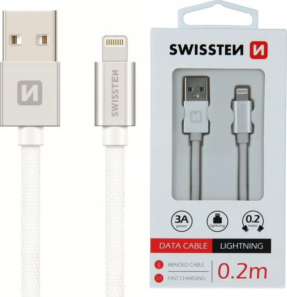 Swissten Textile Fast Charge 3A Lightning Data ir įkrovimo kabelis 20 cm