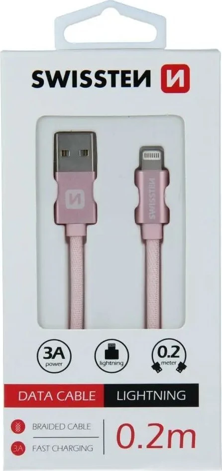 Swissten Textile Fast Charge 3A Lightning Data ir įkrovimo kabelis 20 cm