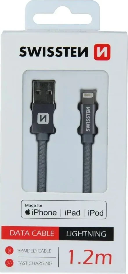 Swissten MFI Textile Fast Charge 3A Lightning Data ir 1,2m įkrovimo laidas
