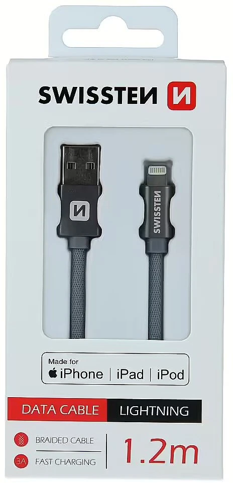 Swissten MFI Textile Fast Charge 3A Lightning Data ir 1,2m įkrovimo laidas