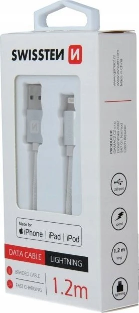 Swissten MFI Textile Fast Charge 3A Lightning Data ir 1,2m įkrovimo laidas