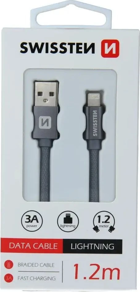 Swissten Textile Fast Charge 3A Lightning Data ir įkrovimo kabelis 1,2m