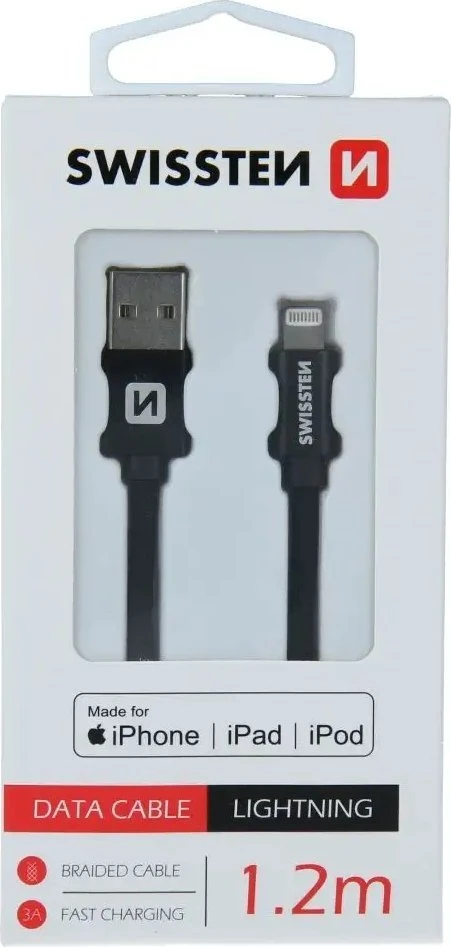 Swissten MFI Textile Fast Charge 3A Lightning Data ir 1,2m įkrovimo laidas