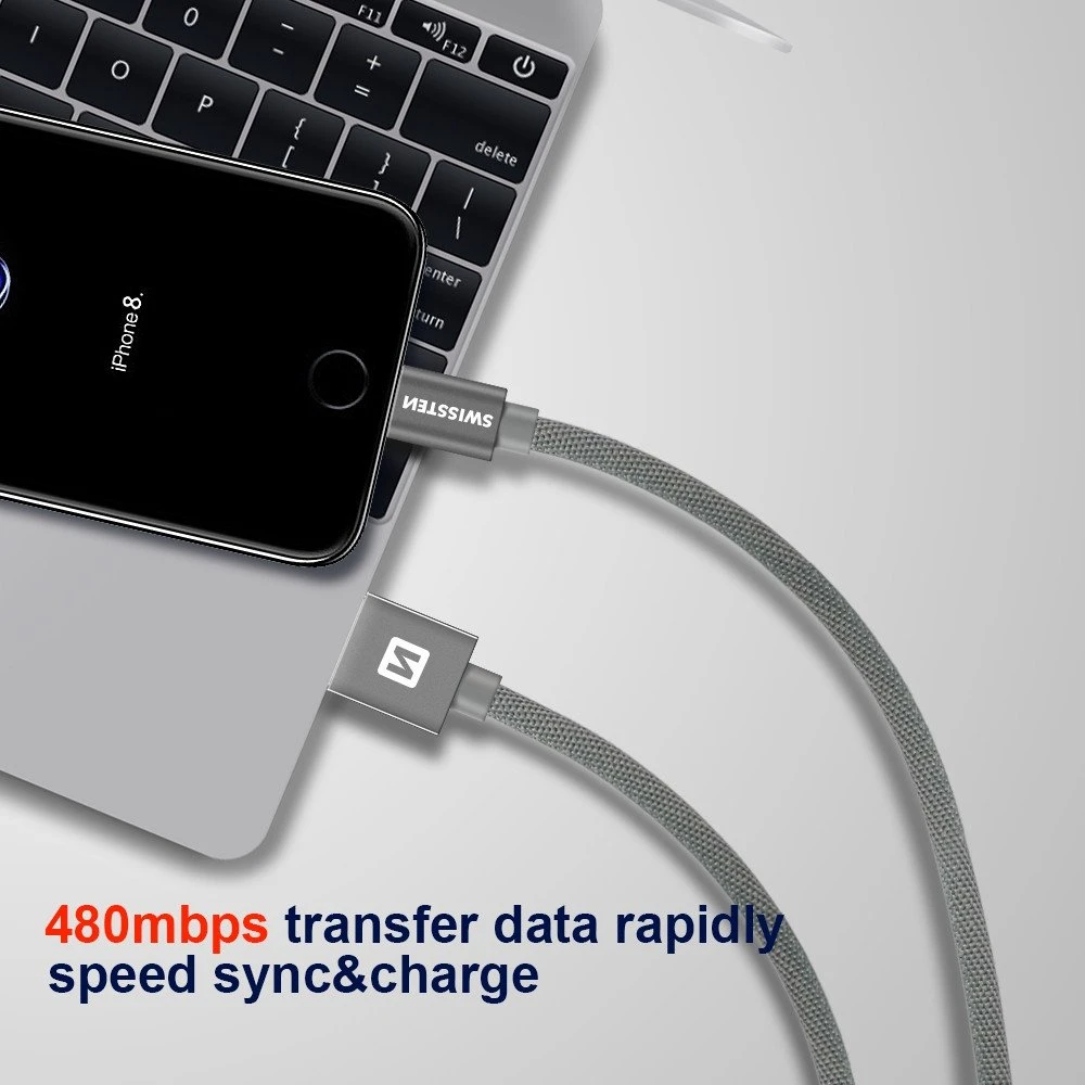 Swissten Textile Fast Charge 3A Lightning Data ir įkrovimo kabelis 2m