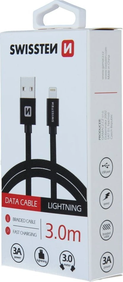 Swissten Textile Fast Charge 3A Lightning Data ir įkrovimo kabelis 3m