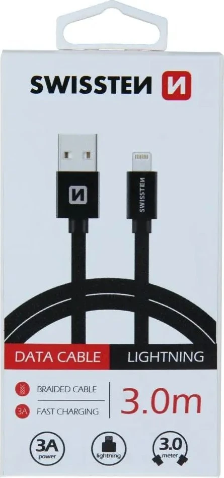 Swissten Textile Fast Charge 3A Lightning Data ir įkrovimo kabelis 3m