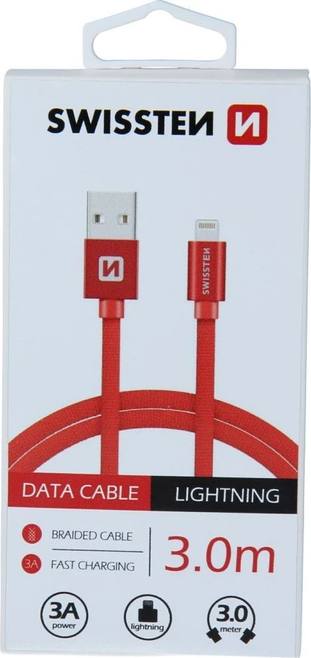 Swissten Textile Fast Charge 3A Lightning Data ir įkrovimo kabelis 3m