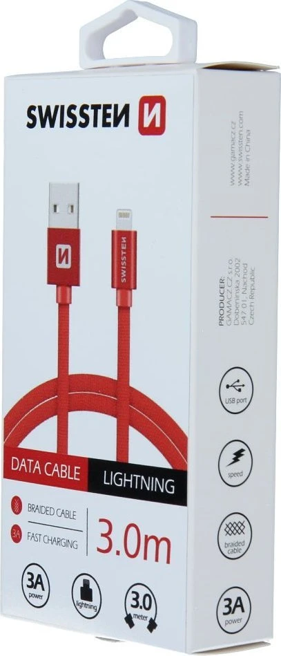 Swissten Textile Fast Charge 3A Lightning Data ir įkrovimo kabelis 3m