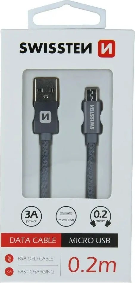 „Swissten Textile“ greito įkrovimo universalus „Micro USB“ duomenų ir įkrovimo laidas, 0,2 m
