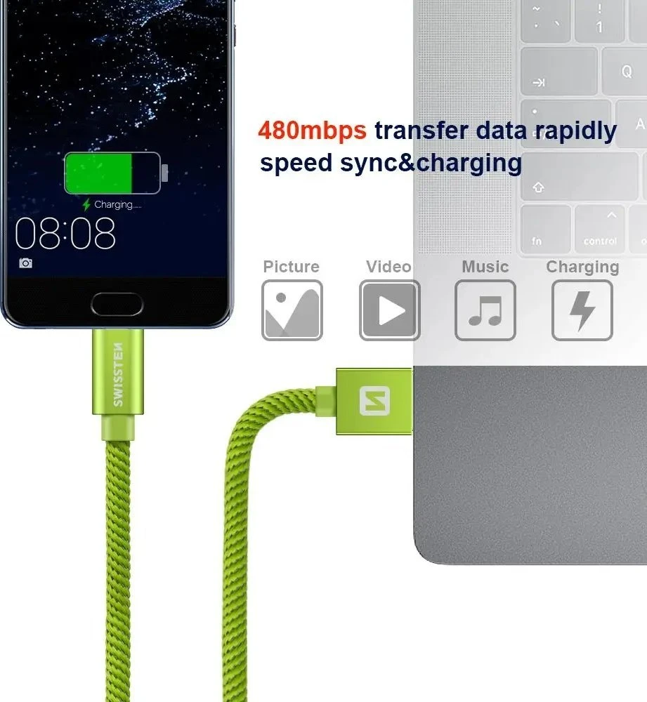 Swissten Textile Universal Quick Charge 3.1 USB-C duomenų ir įkrovimo laidas 20 cm