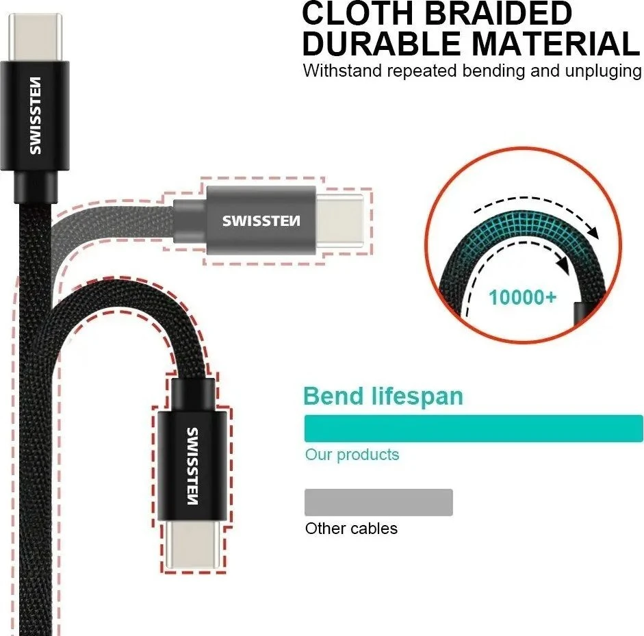 Swissten Textile Universal Quick Charge 3.1 USB-C duomenų ir įkrovimo laidas 20 cm