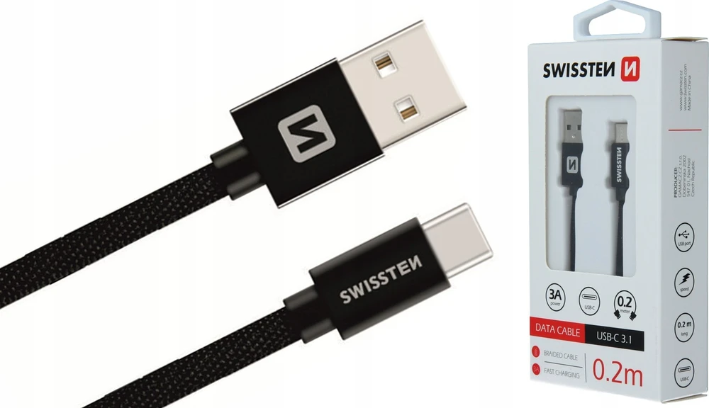 Swissten Textile Universal Quick Charge 3.1 USB-C duomenų ir įkrovimo laidas 20 cm