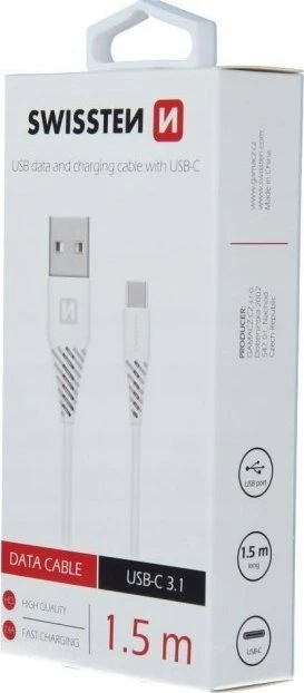 SWISSTEN duomenų kabelis USB - USB-C 3.1 (7mm) baltas 1.5m