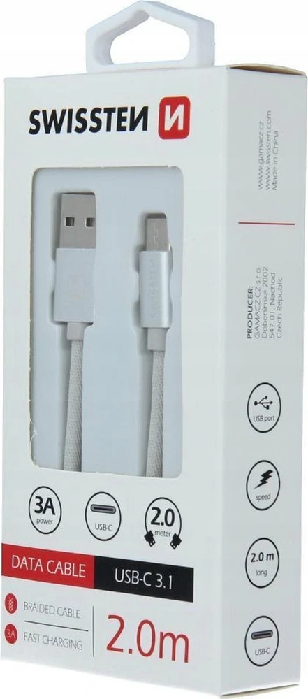 Swissten Textile Universal Quick Charge 3.1 USB-C duomenų ir įkrovimo laidas 2m