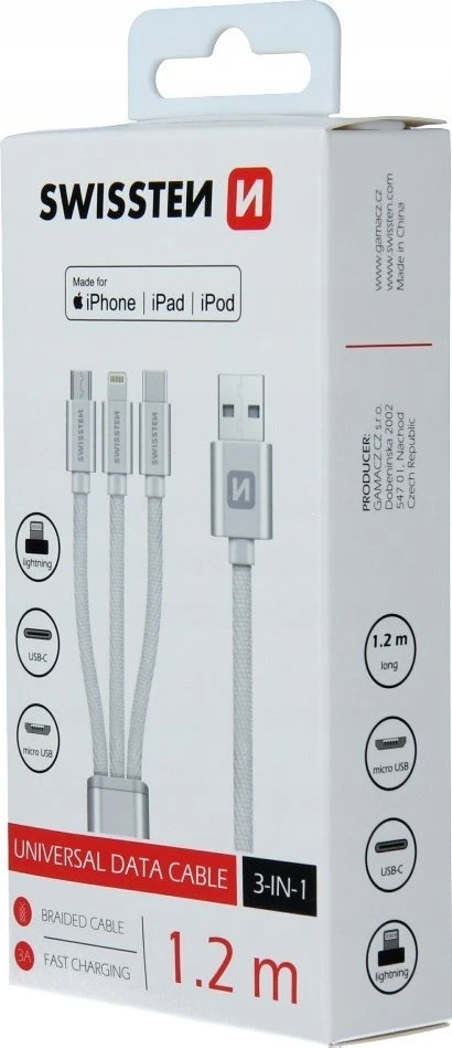 Swissten Textile Universal 3in1 USB-C / Lightning Data MFI / MircoUSB kabelis 1,2 m
