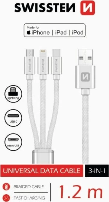 Swissten Textile Universal 3in1 USB-C / Lightning Data MFI / MircoUSB kabelis 1,2 m