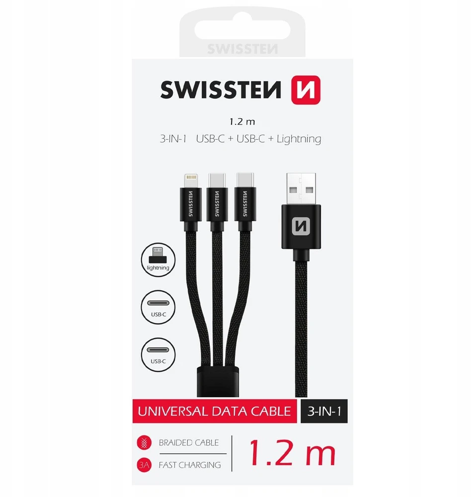 Swissten 3in1 Textile Data Cable 1,2m