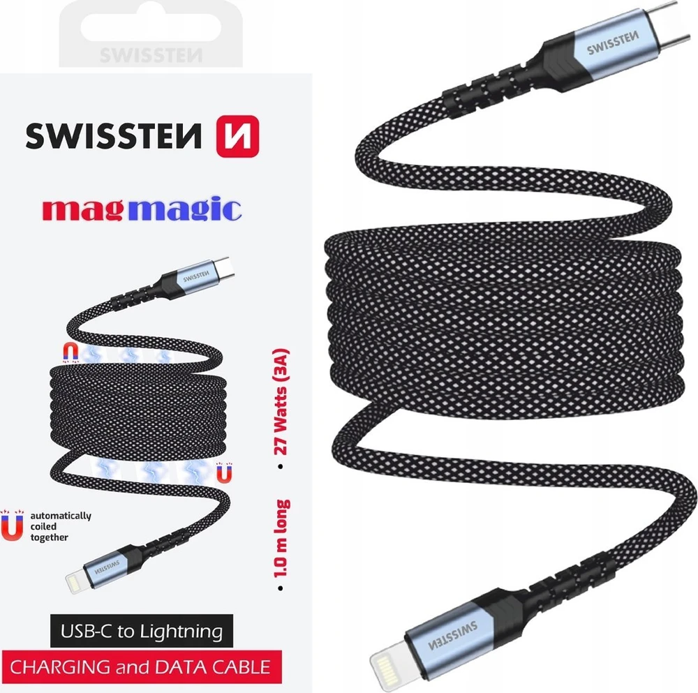 „Swissten“ magnetinis savaime apvyniojamas USB-C / „Lightning“ duomenų kabelis 1 m